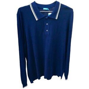 J.McLaughlin Cashmere White Striped Tipping Long Sleeve Polo Sweater XL Blue